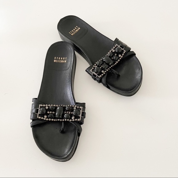 Stuart Weizmann Crystal Jeweled Thong Wedge Sandal - Picture 1 of 10